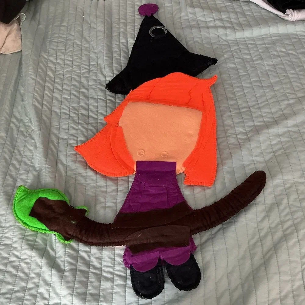 Handmade Halloween Witch Wall Hanging Felt Sequin Decor Orange Hair 34”